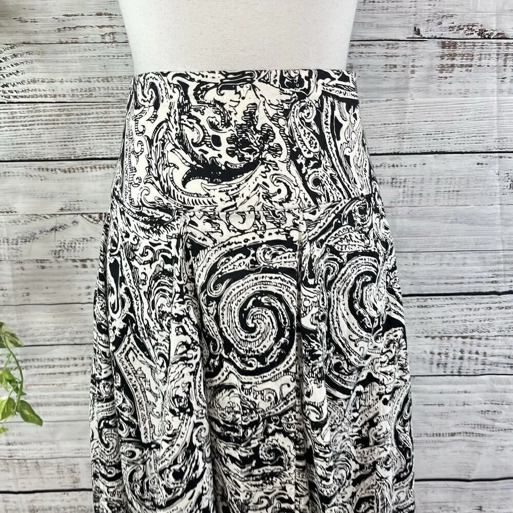 Chaps Skirt size 10 Black White Paisley Knee Full Boho Peasant Modest Summer